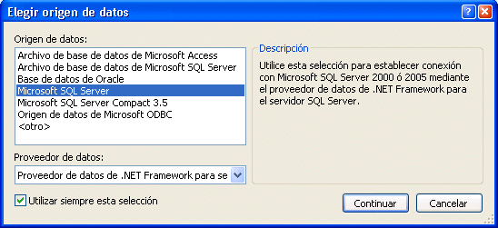 Figura 4. Elegir el proveedor del origen de datos