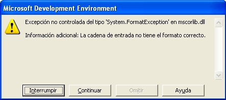 Excepcin no controlada del tipo 'System.FormatException' en mscorlib.dll