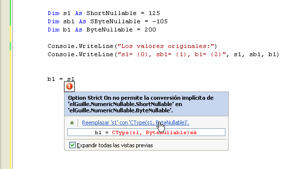 Figura 1: El IDE de VB2005 se encarga de convertir los tipos