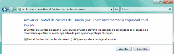 Figura 6. Activar el control de cuentas de usuarios (UAC)