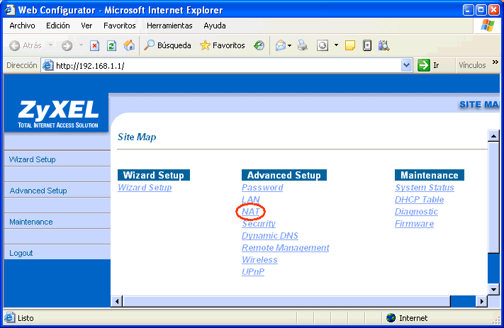 Figura 10. Opciones de configuración del router Zyxel 650HW-31