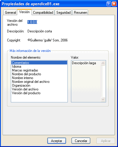 Figura 5. Las propiedades del ejecutable en Windiws XP