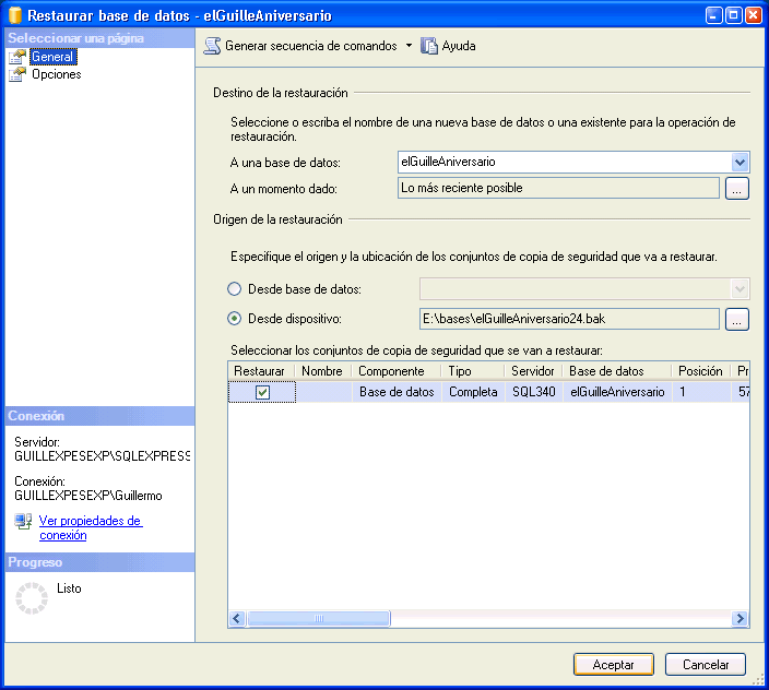 Figura 8. Cuadro de dilogo para restaurar una base de datos