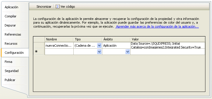 Figura 10. Los valores de Configuración con la cadena de conexión