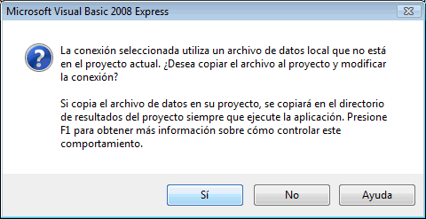 Figura 11. Aviso de que se usa una base de datos local...