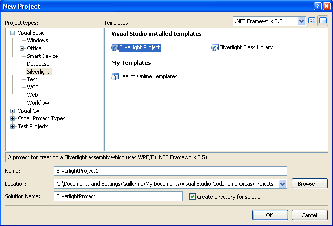 Tipos de proyectos de SilverLight para Visual Studio Orcas Beta 1