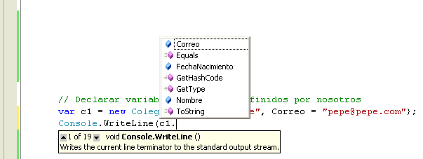 Figura 2. En el IDE de C# podemos usar IntelliSense con los tipos implcitos