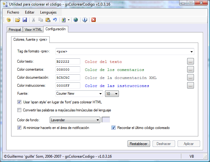 Figura 2. Las opciones de configuración.