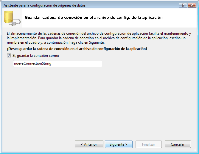Figura 12. Es importante indicar que SI guarde la cadena de conexión