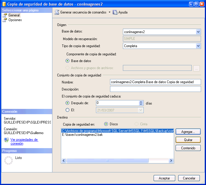 Figura 4. Cuadro de di�logo de copia de seguridad con copia en dos sitios