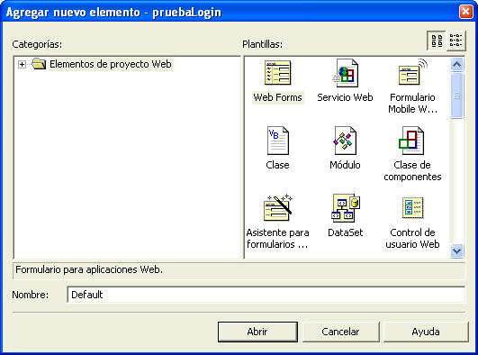 Figura 6. A�adir un nuevo formulario Web