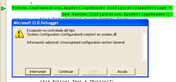 Figura 1. Excepcin producida al leer el fichero .config