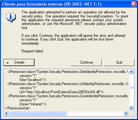 Figura 5. Error producido por el cliente de .NET 1.1