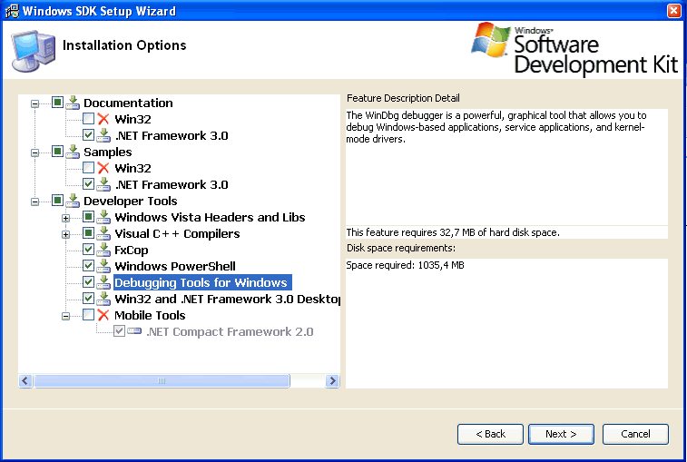 Figura 2. Las opciones de instalaci�n del SDK de WinFX