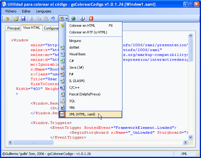 Figura 1. La pantalla principal con las opciones del lenguaje y formato a usar