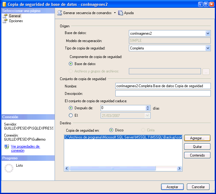 Figura 2. Cuadro de di�logo para hacer la copia de seguridad