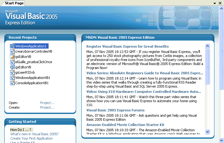 Figura 1. La p�gina de inicio de Visual Basic 2005 Express Edition