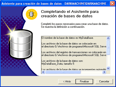 Completando el asistente para la creacin de la base de datos