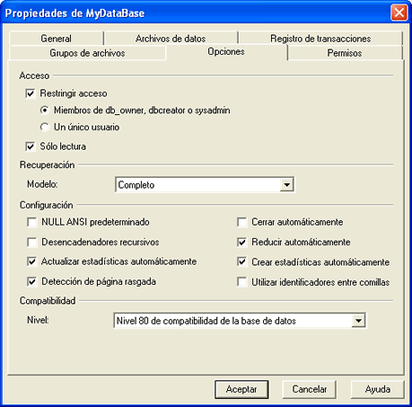 opciones de la base de datos