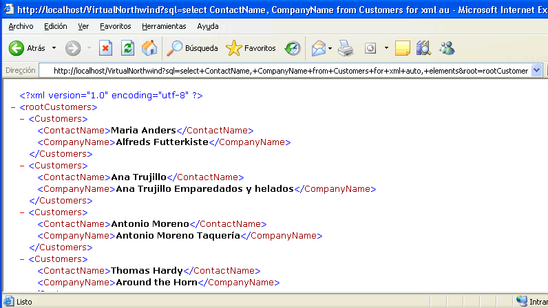 http://localhost/VirtualNorthwind?sql=select+ContactName,+CompanyName+from+Customers+for+xml+auto,+elements&root=rootCustomer