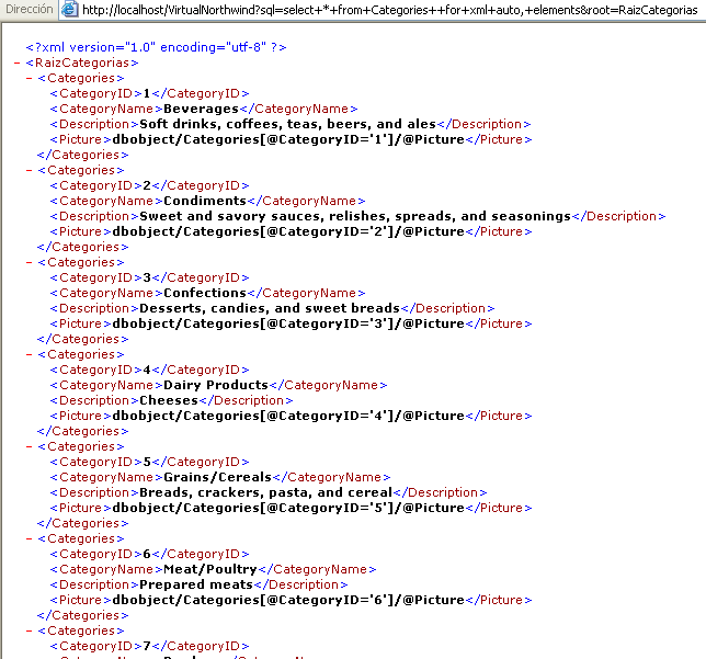 http://localhost/VirtualNorthwind?sql=select+*+from+Categories++for+xml+auto,+elements&root=RaizCategorias

