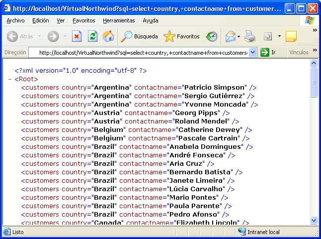 http://localhost/VirtualNorthwind?sql=select+country,+contactname+from+customers+group+by+country,+contactname+order+by+country+ for+xml+nested+&root=root
