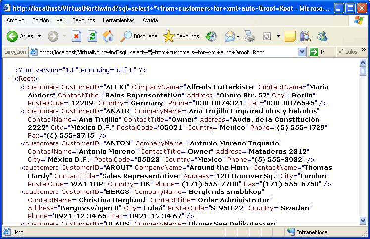 http://localhost/VirtualNorthwind?sql=select+*+from+customers+for+xml+auto+&root=Root
