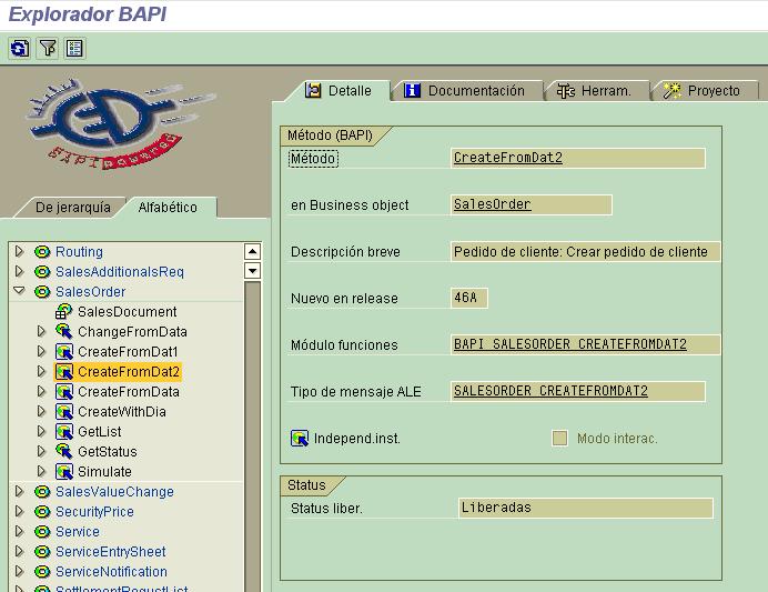 SAP: Explorador BAPI donde podemos ver las caractersticas del mtodo que SAP expone.