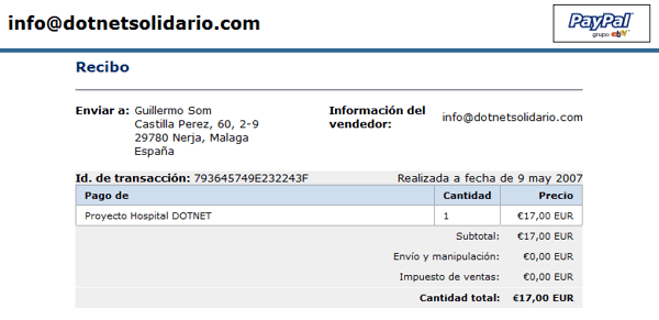 Recibo de la primera donación a Hospital DotNET por el tema de las camisetas