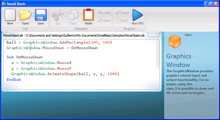 El IDE de Small Basic con un programa de ejemplo