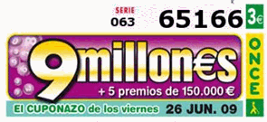 Numero premiado en el sorteo de la ONCE del 26 de Junio de 2009