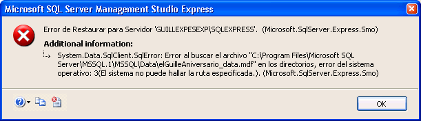 Figura 10. Error al restaurar en una ubicacin diferente a la original