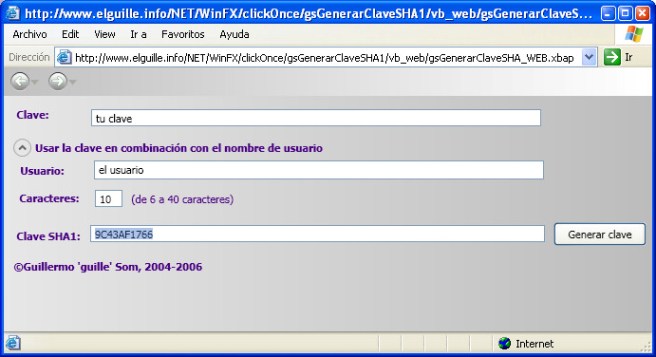 Figura 3. La aplicación Web funcionando en un XP con Internet Explorer 6