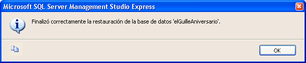 Figura 12. Aviso de que se restaur� correctamente la base de datos