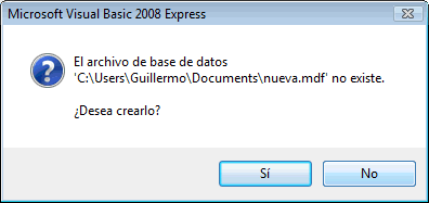 Figura 9. Si la base indicada no existe, pedirá que la creemos