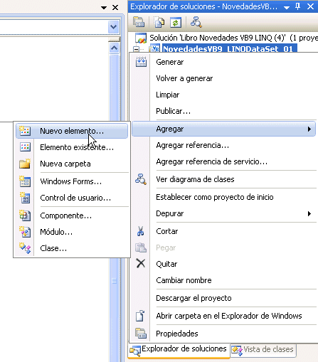 Figura 1. Agregar un nuevo elemento desde el explorador de soluciones