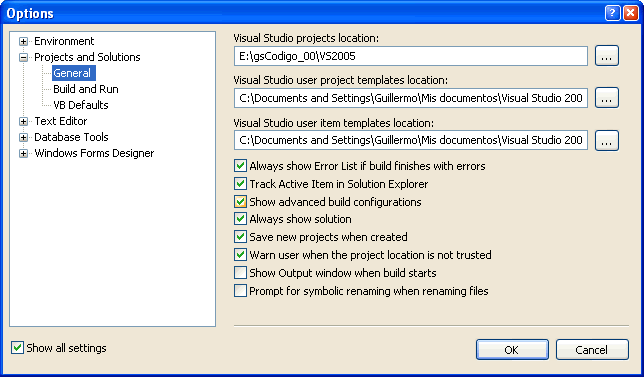 Figura 5. Opciones generales de Proyectos y soluciones