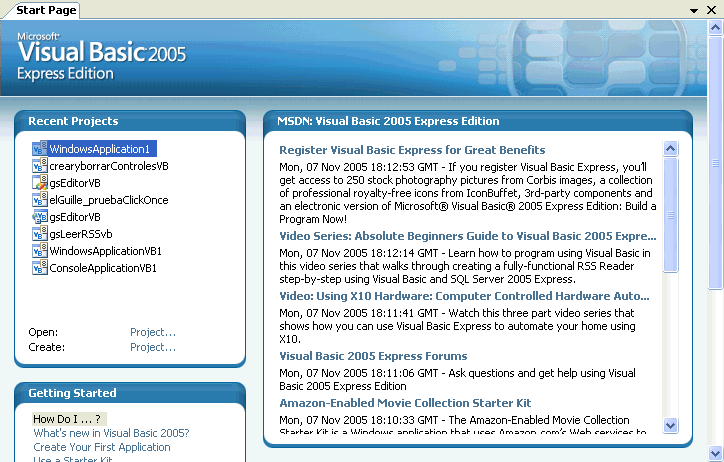 Figura 1. La pgina de inicio de Visual Basic 2005 Express Edition
