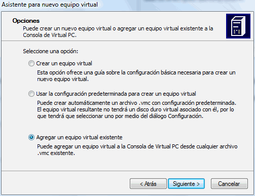 Figura 4. Agregar un equipo virtual existente