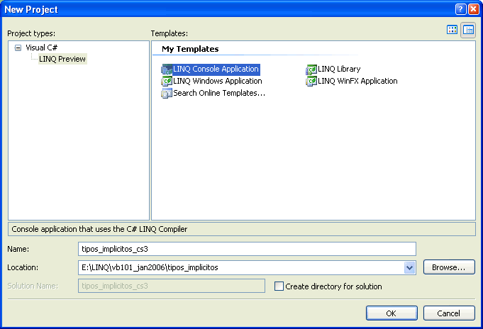 Figura 1. Los tipos de proyectos de LINQ para C#