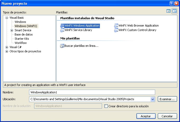 Figura 2. Crear un nuevo proyecto de WinFX Windows Application