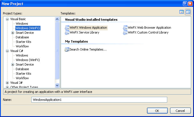 Figura 3. Los tipos de proyectos de WinFX