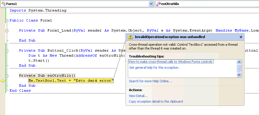 Figura 1. El error al acceder a un control desde otro hilo