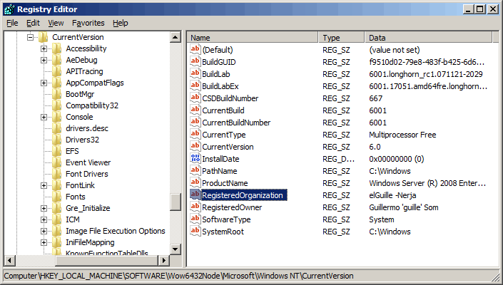 Figura 2. La clave del registro de Windows 2008 Server de 64 a cambiar