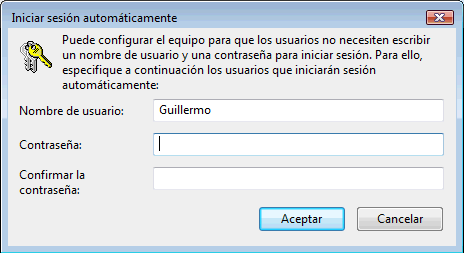 Figura 2. Indicar el usuario y password que se usará para iniciar Windows