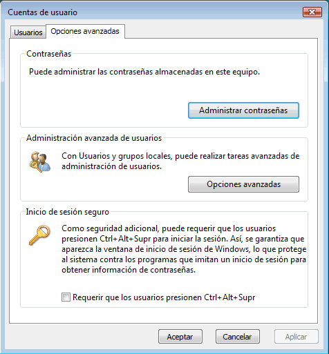 Figura 3. Opciones avanzadas: Administrar contraseñas, usuarios, etc.