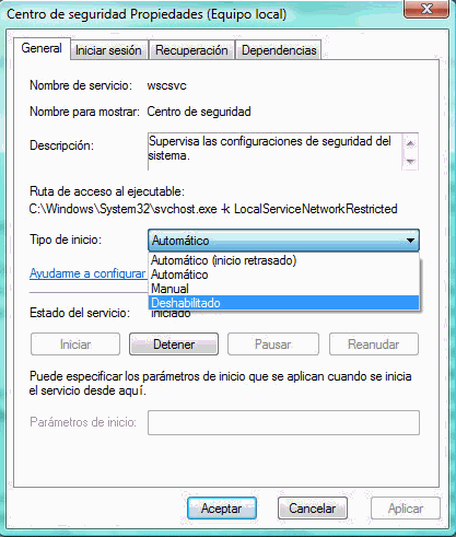 Figura 8. Deshabilitar el servicio de centro de seguridad