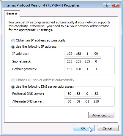 Valores IP de la conexin TCP/IP v4