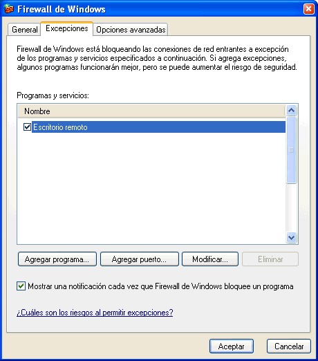 Figura 4. Activar la opción de escritorio remoto en el firewall de XP