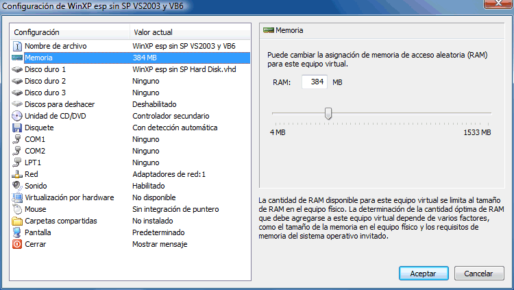 Figura 3. Ajuste de la memoria